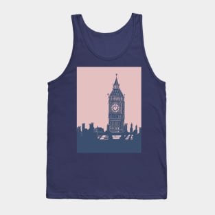 Big Ben London Skyline Linocut Blue and Pink Tank Top